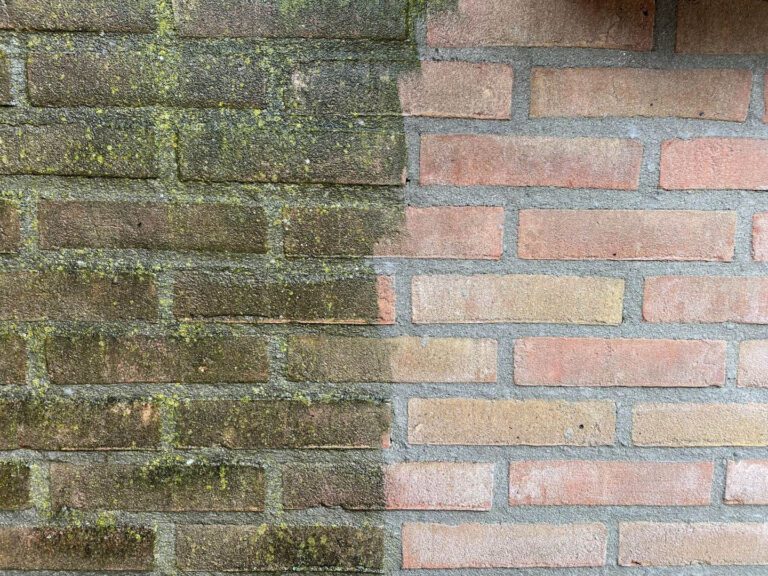 Een gevel waarbij de linkerkant groene aanslag heeft en de rechterkant gereinigd is.